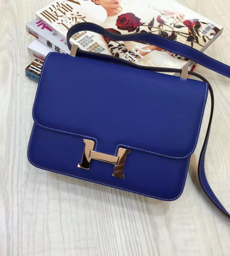 Hand Stitching Hermes Blue Electric Epsom Leather Constance Bag  24CM