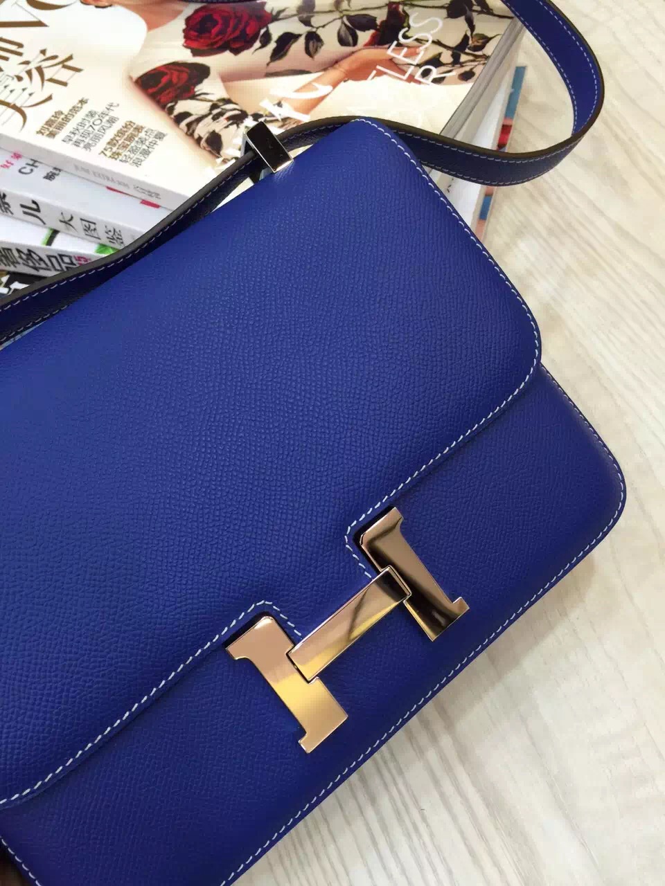 Hand Stitching Hermes Blue Electric Epsom Leather Constance Bag 24CM