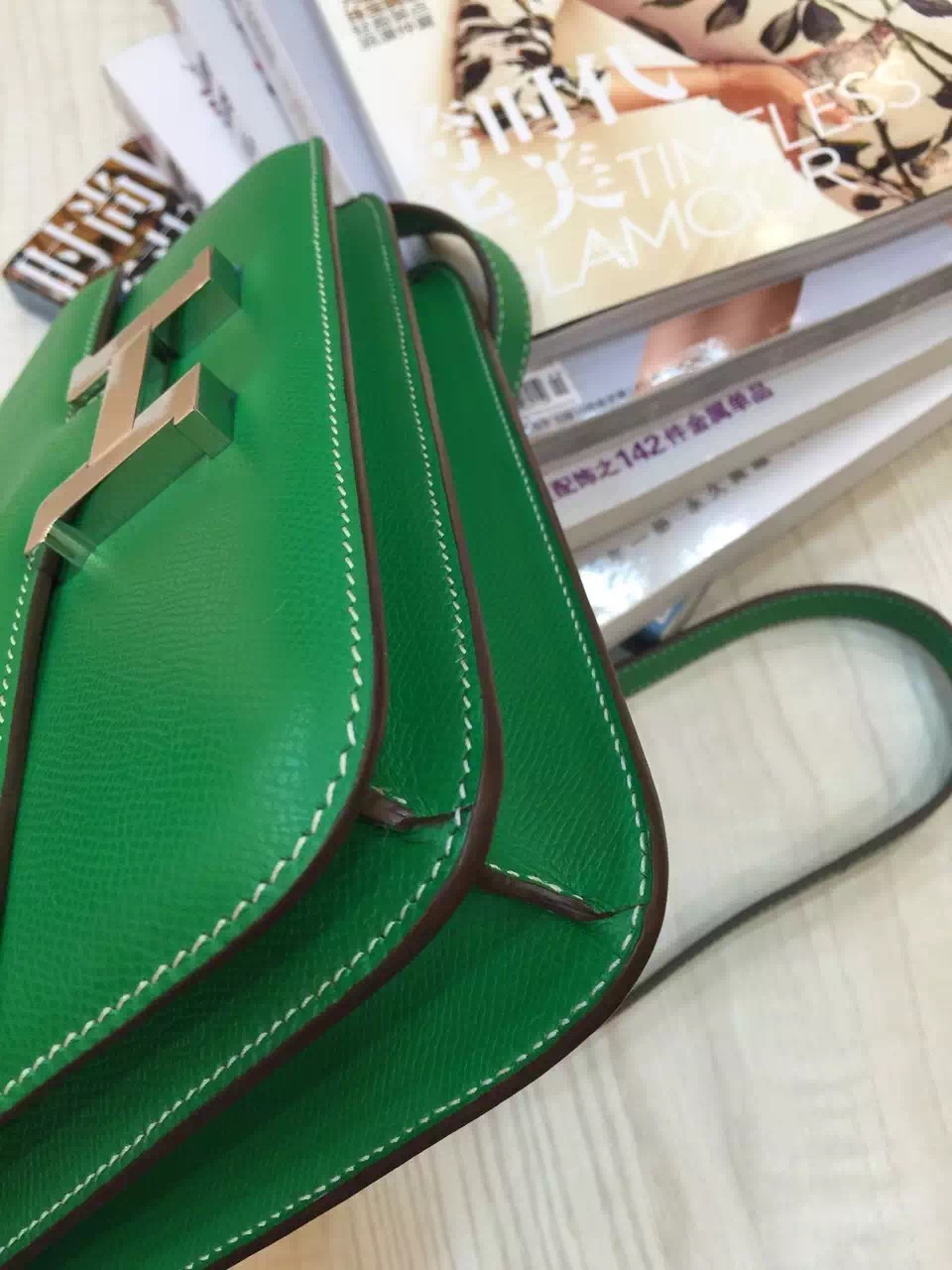 Hot Sale Hermes Constance Bag 24CM Epsom Leather Bamboo Green Fashion Women&#8217;s Bag