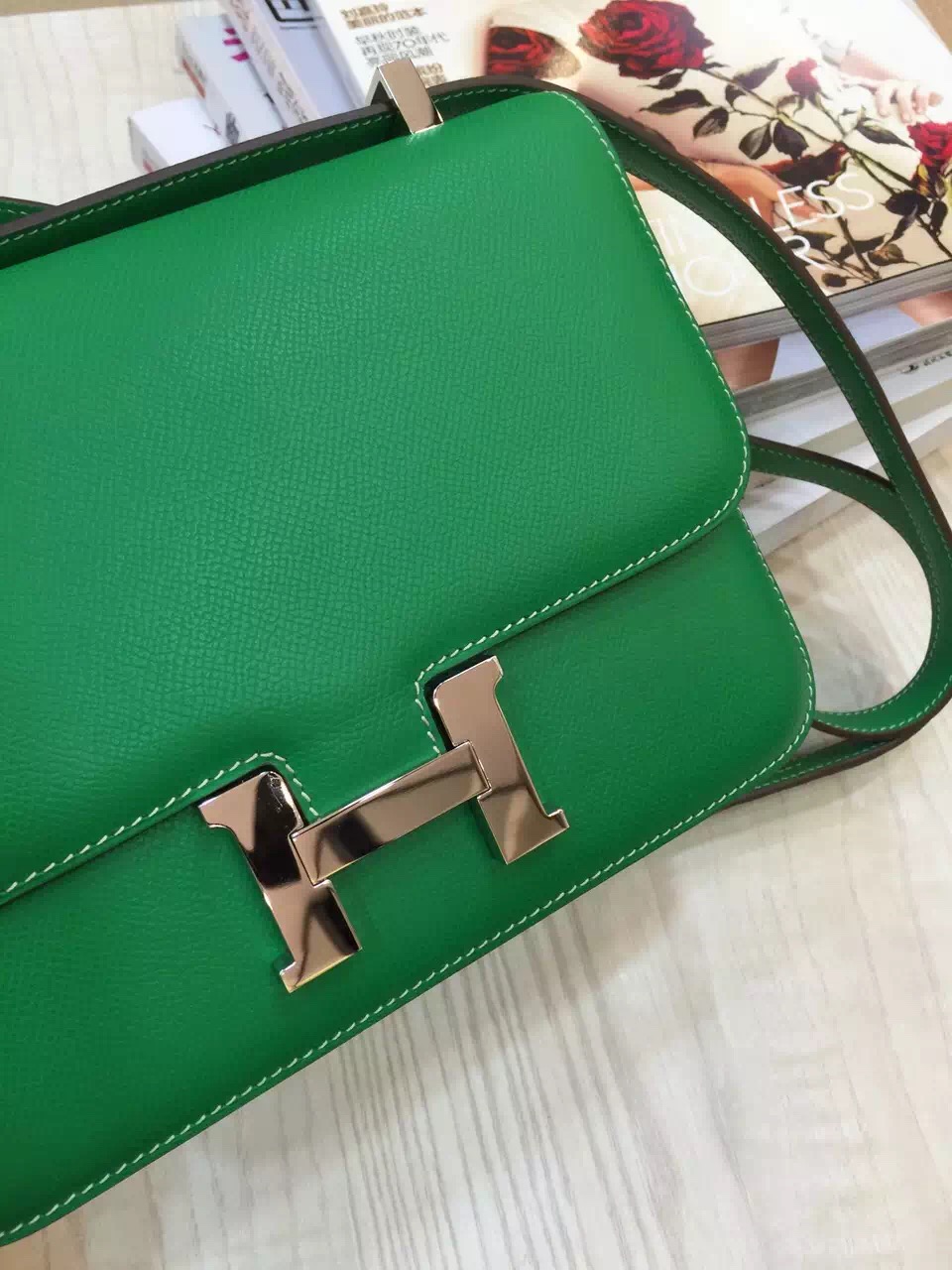 Hot Sale Hermes Constance Bag 24CM Epsom Leather Bamboo Green Fashion Women&#8217;s Bag