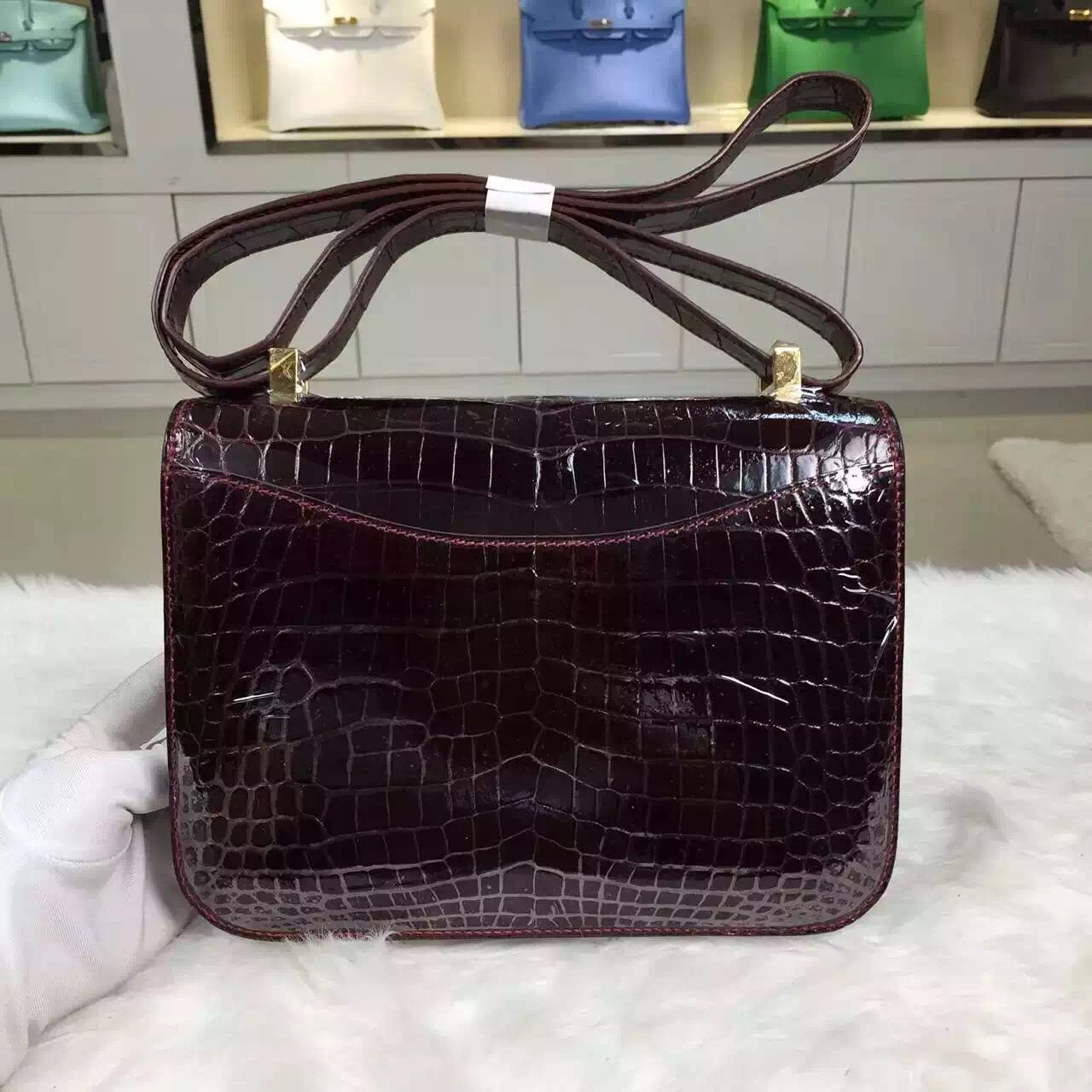 New Fashion Hermes Bordeaux Red Crocodile Skin Constance Bag24CM Women&#8217;s Cross-body Bag