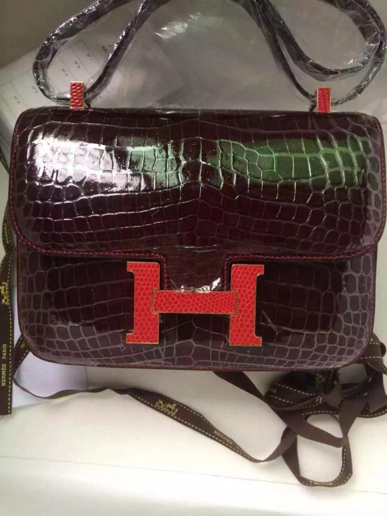 Hermes Bordeaux Red Crocodile Shiny Leather Constance Bag  19CM Lizard Buckle