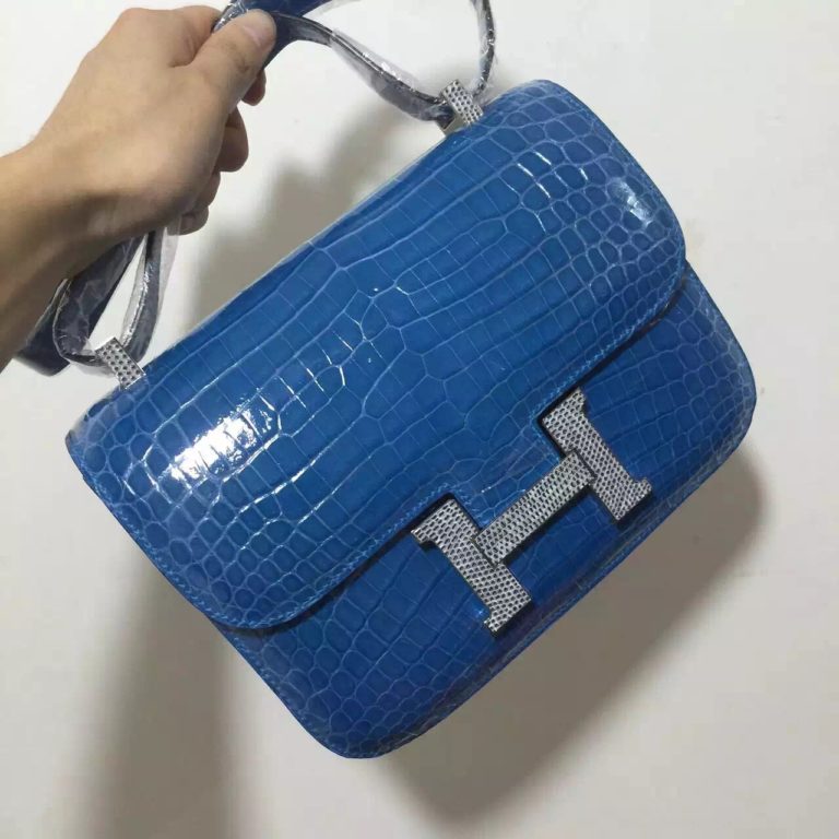 Online Store Hermes Constance Bag 24CM Blue Izmir Crocodile Shiny Leather