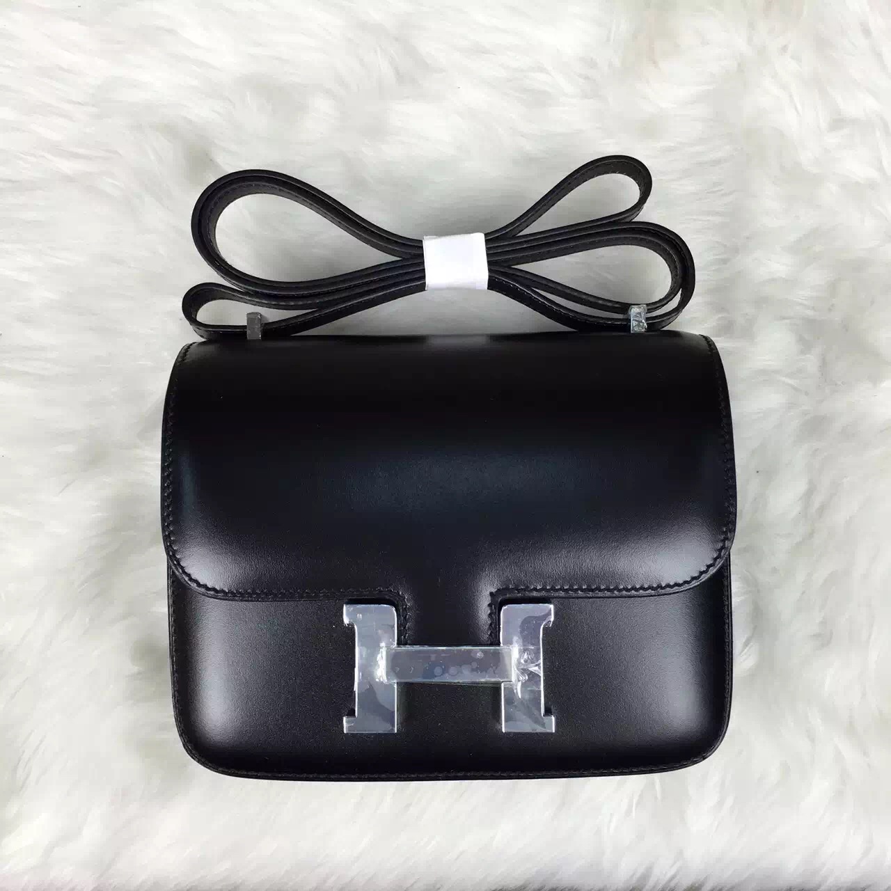 Hand Stitching Hermes Black Box Calfskin Leather Constance Bag Cross-body Bag Lizard Buckle