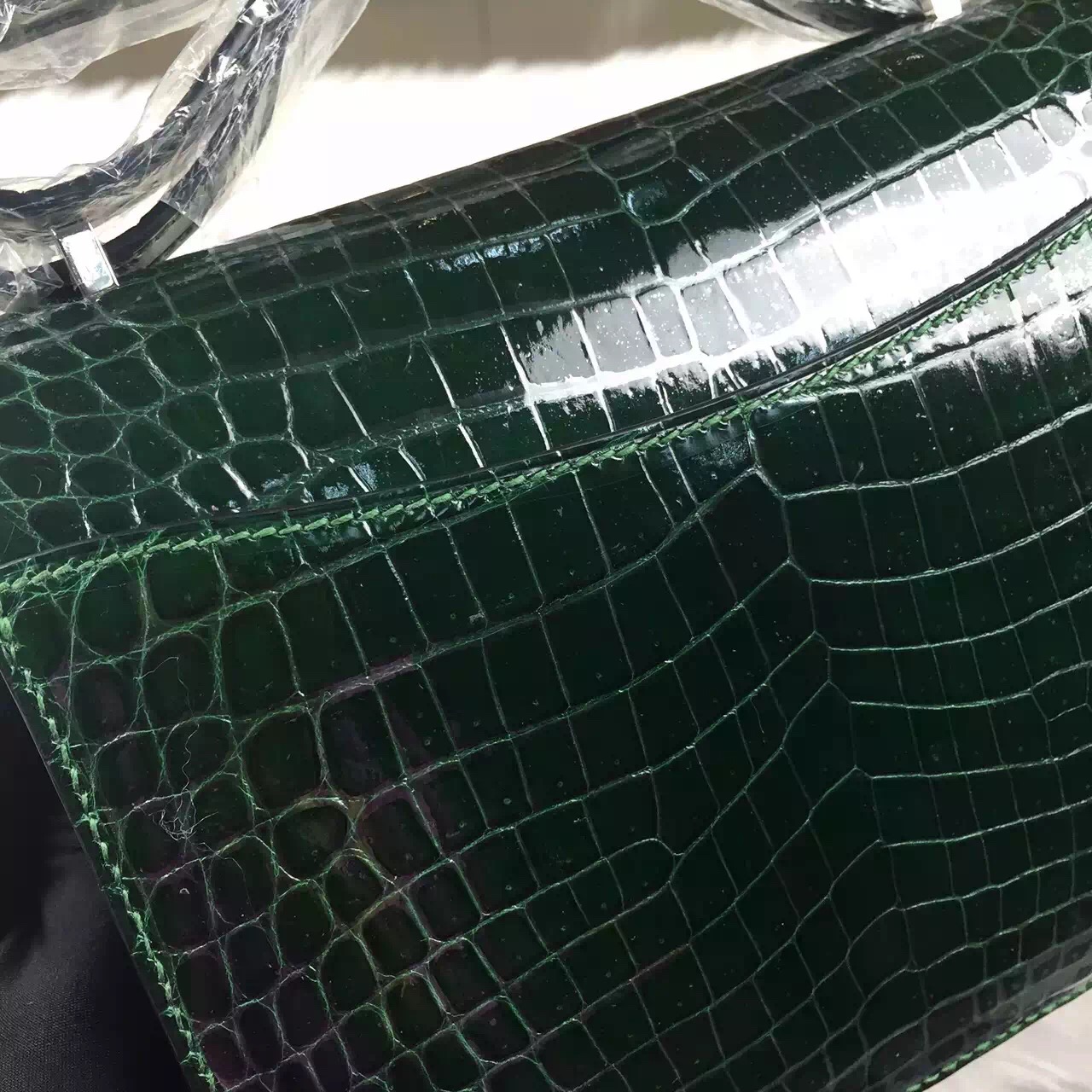 Cheap Hermes CK67 Vert Fonce Shiny Crocodile Leather Constance Bag19cm