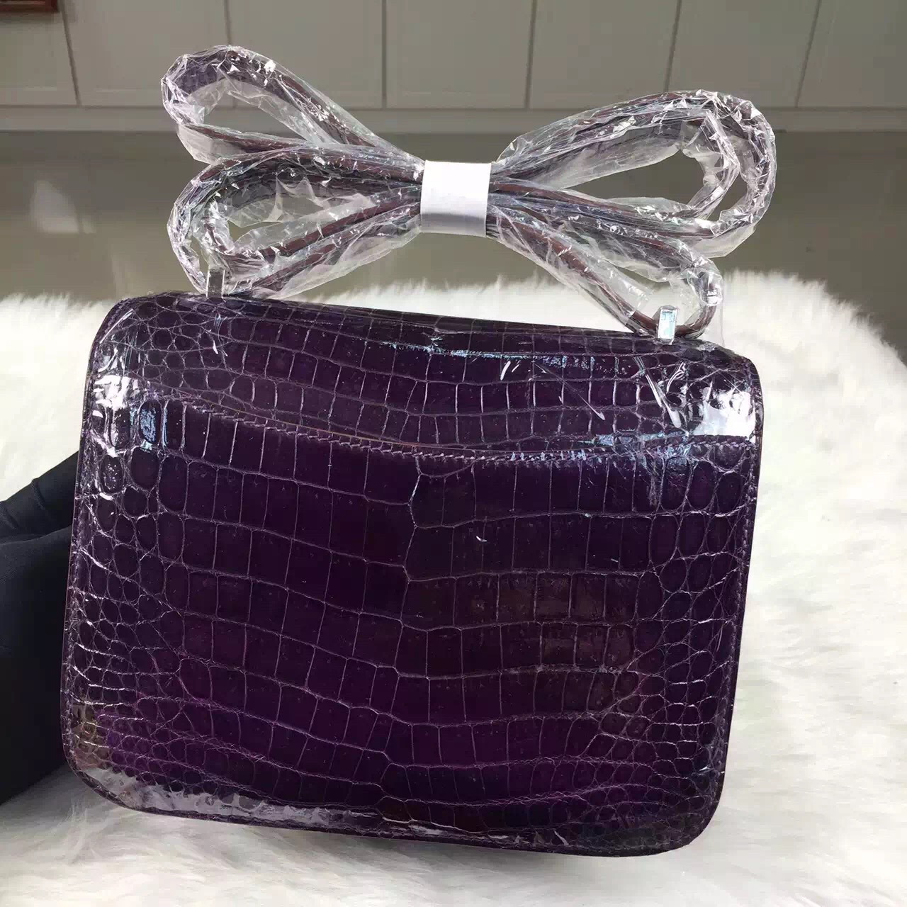 Hand Stitching Hermes Constance19cm 9G Violet Crocodile Shiny Leather