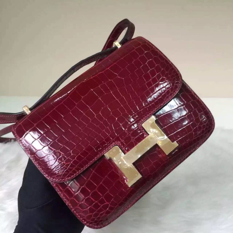 Hand Stitching Hermes Constance Bag  19CM Bourgogne Red HCP Crocodile Leather