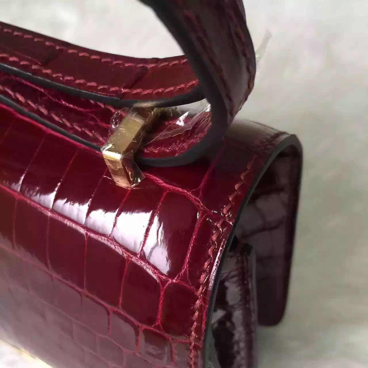 Hand Stitching Hermes Constance Bag 19CM Bourgogne Red HCP Crocodile Leather