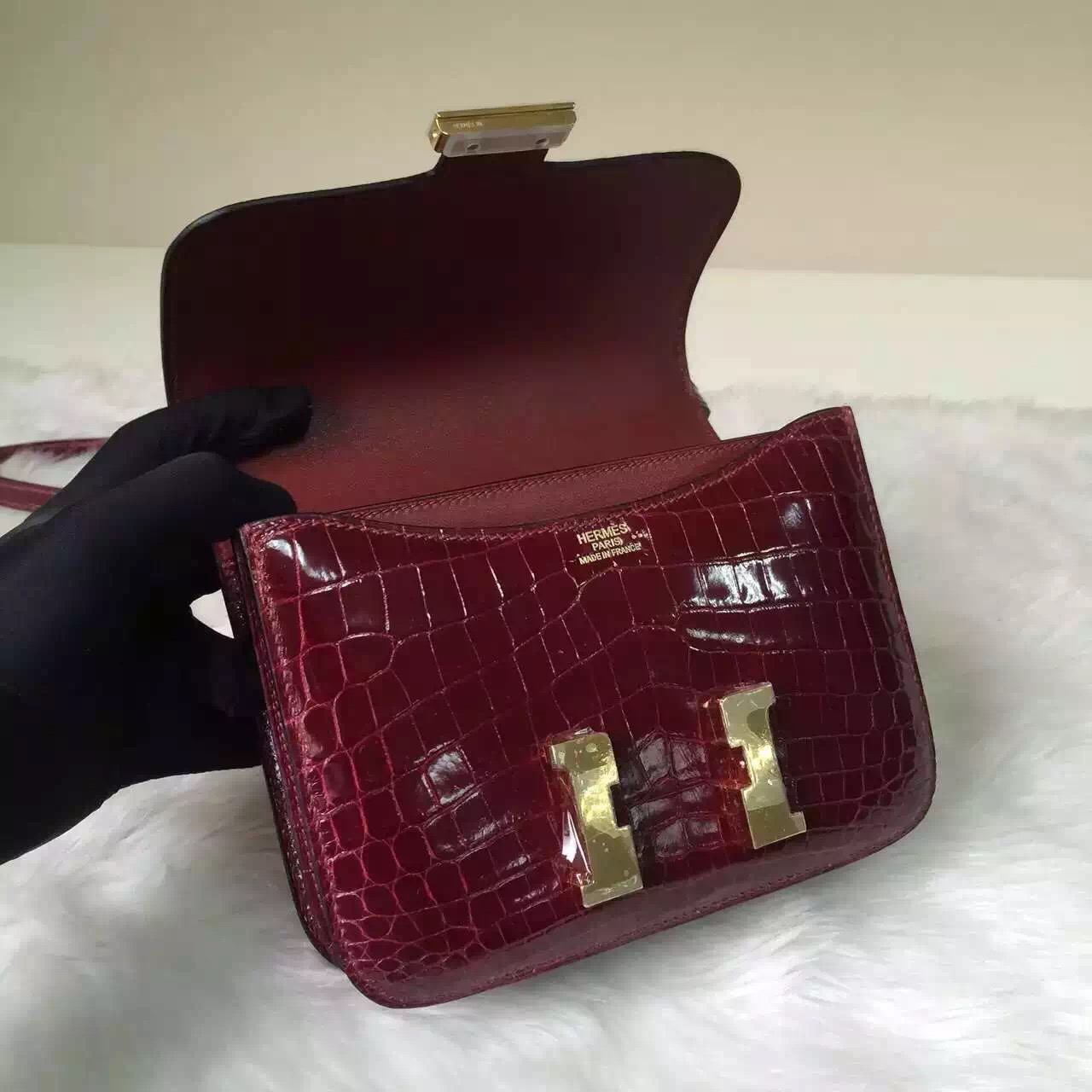 Hand Stitching Hermes Constance Bag 19CM Bourgogne Red HCP Crocodile Leather