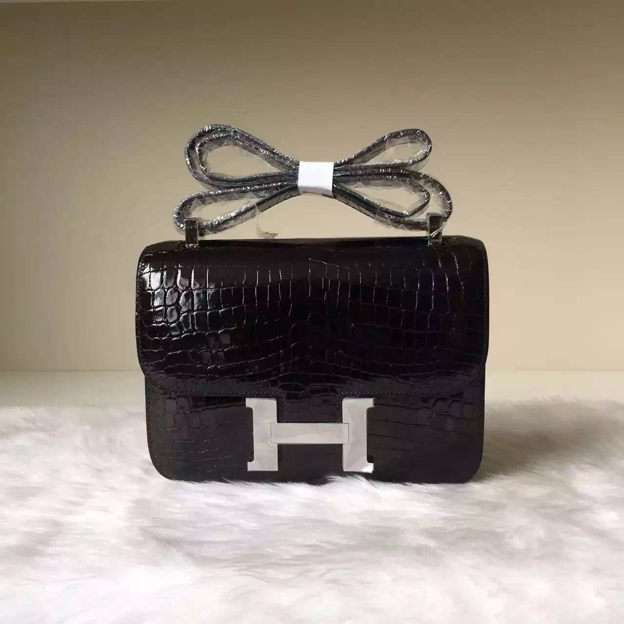New Elegant Hermes CK89 Black Crocodile Leather Constance Bag24CM