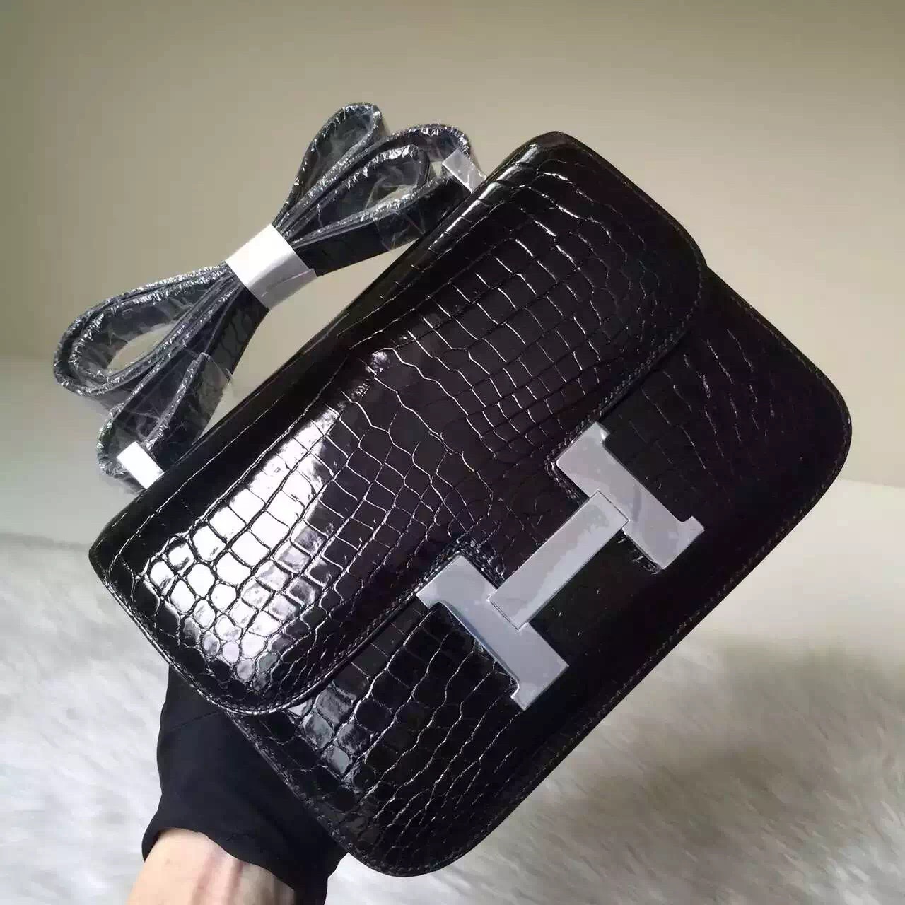 New Elegant Hermes CK89 Black Crocodile Leather Constance Bag24CM