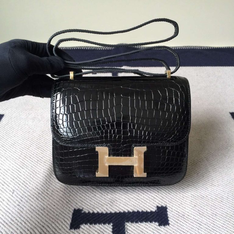 Hand Stitching Hermes Crocodile Leather Constance Bag 19cm in CK89 Black