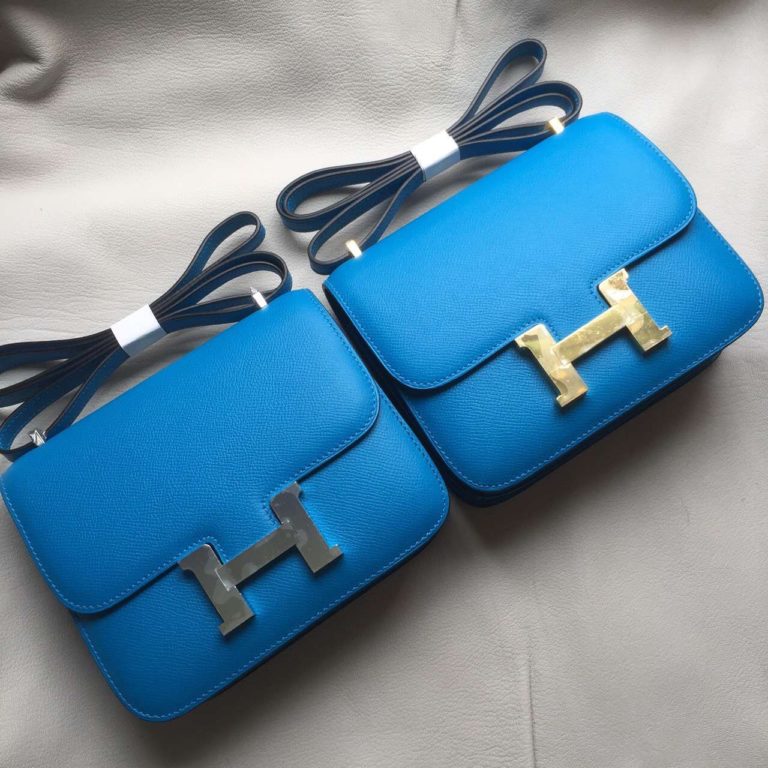 Hand Stitching Hermes Epsom Leather Constance Bag  19cm in 7Q Mykonos Blue