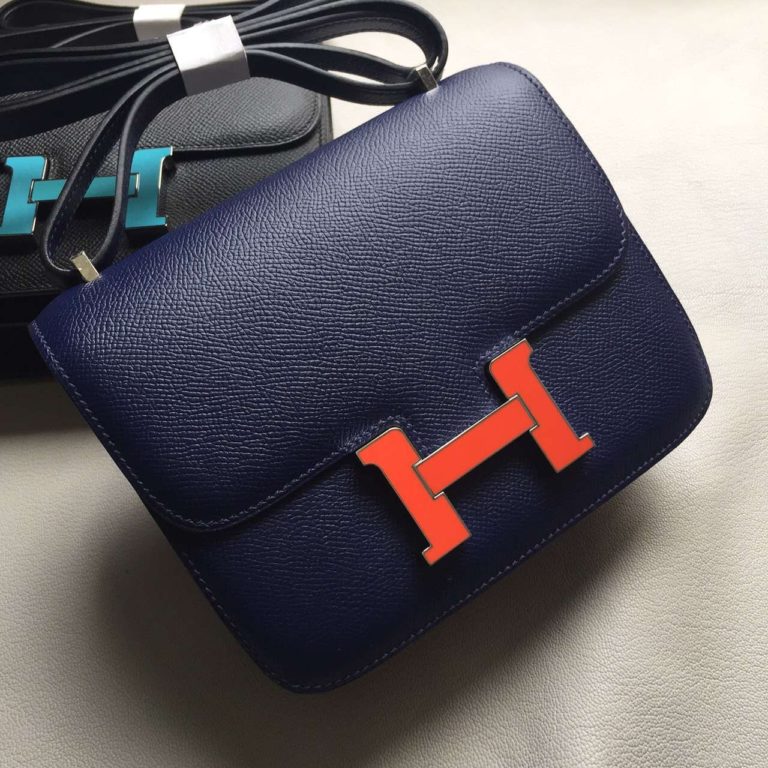 Hermes 73 Blue Saphir/8V enamel Buckle Epsom Leather Constance Bag 19cm