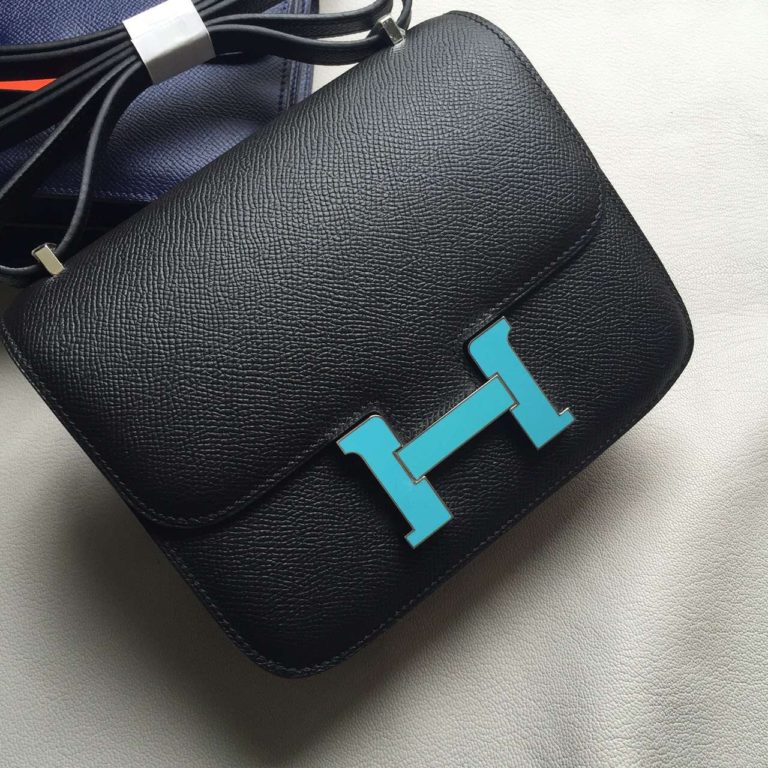 Hermes Black Epsom Leather Constance Bag 19cm Blue Enamel Buckle