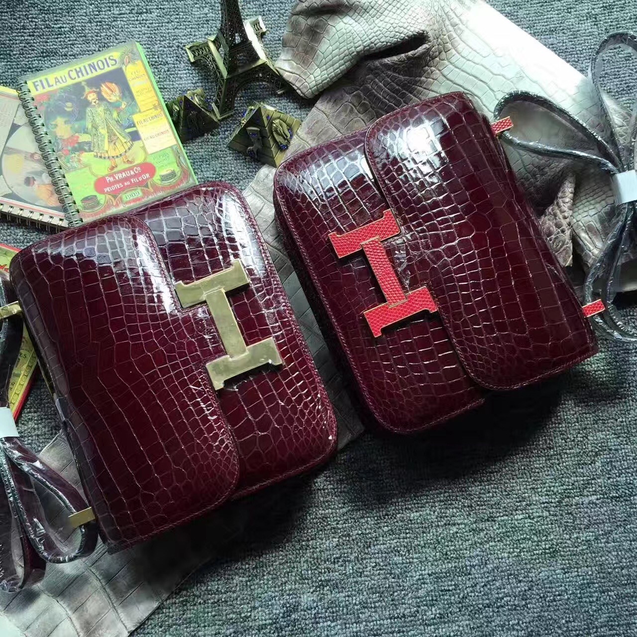 Wholesale Hermes CK57 Bordeaux Crocodile Shiny Leather Constance Bag18cm