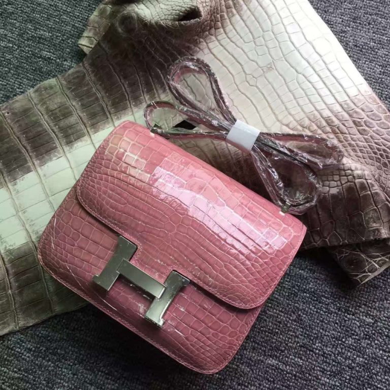 Hermes Crocodile Shiny Leather Constance Bag 18cm in Light Pink
