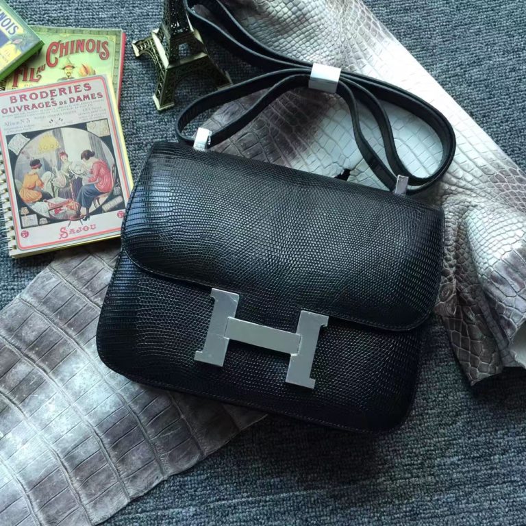Hand Stitching Hermes Black Shiny Lizard Leather Constance Bag 24cm