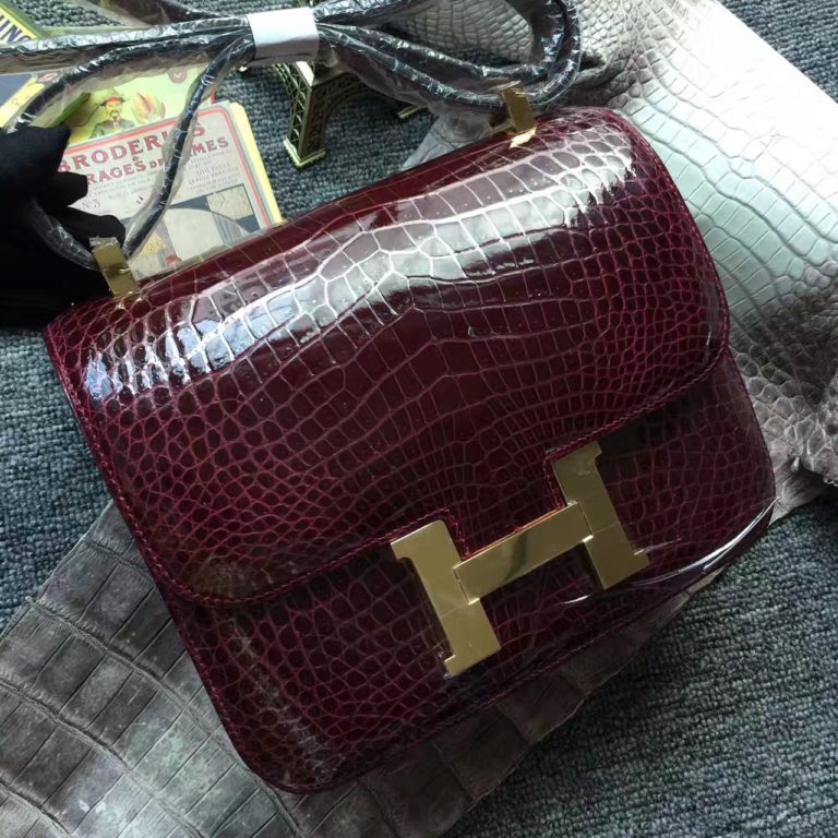 Hermes Crocodile Shiny Leather Constance Bag 24cm in CK57 Bordeaux Red