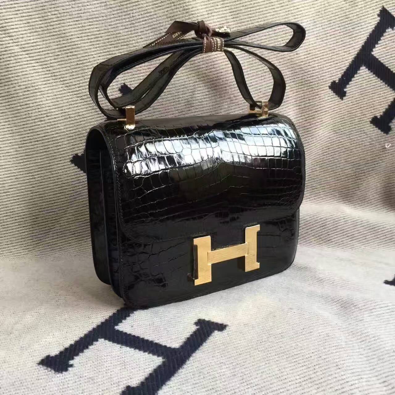Wholesale Hermes Crocodile Shiny Leather Constance Bag in CK89 Black