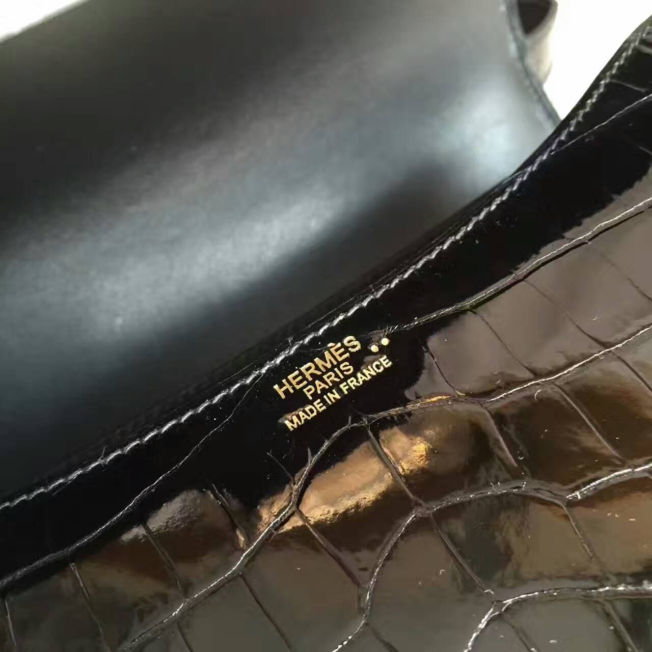 Wholesale Hermes Crocodile Shiny Leather Constance Bag in CK89 Black