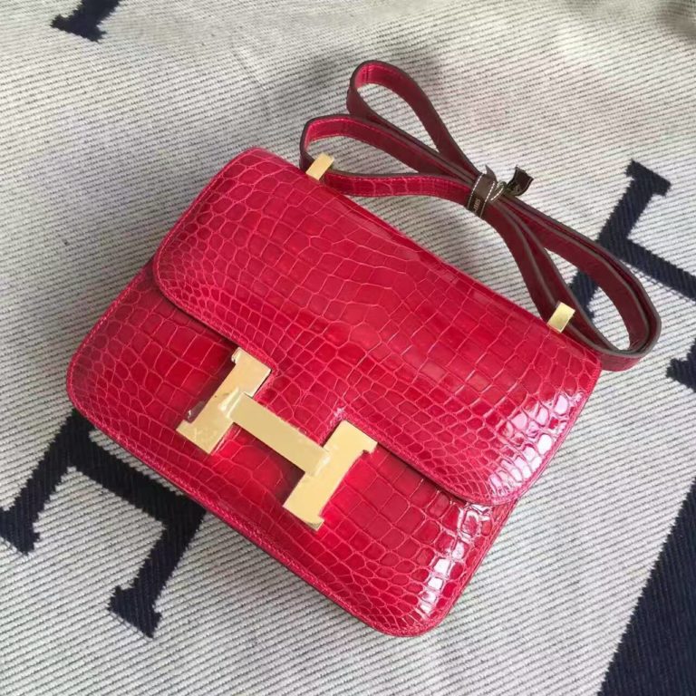 Hermes Constance Bag 24cm Q5 Rouge Casaque Crocodile Shiny Leather