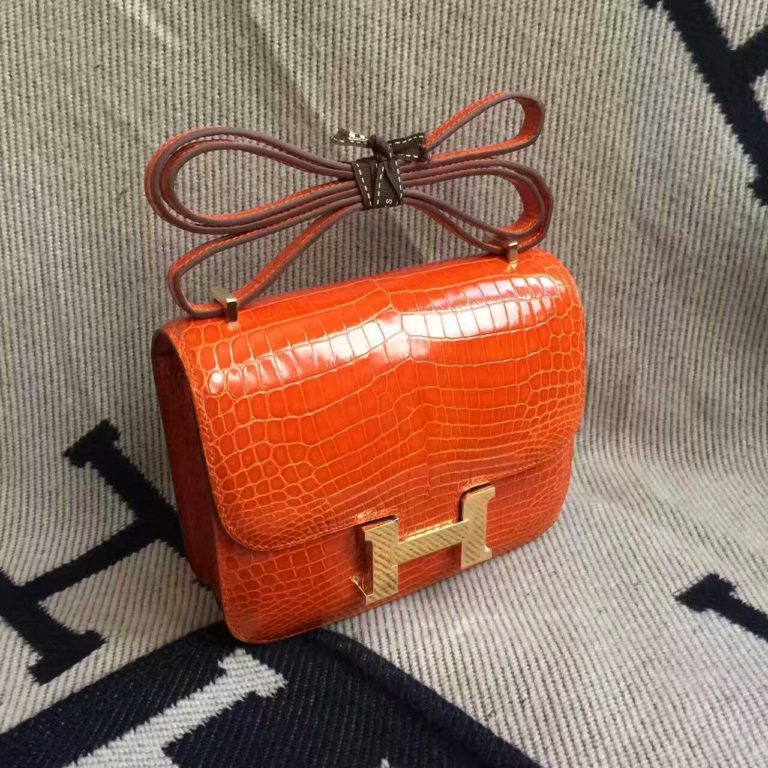 Hermes 93 Orange Crocodile Shiny Leather Constance Bag  19cm
