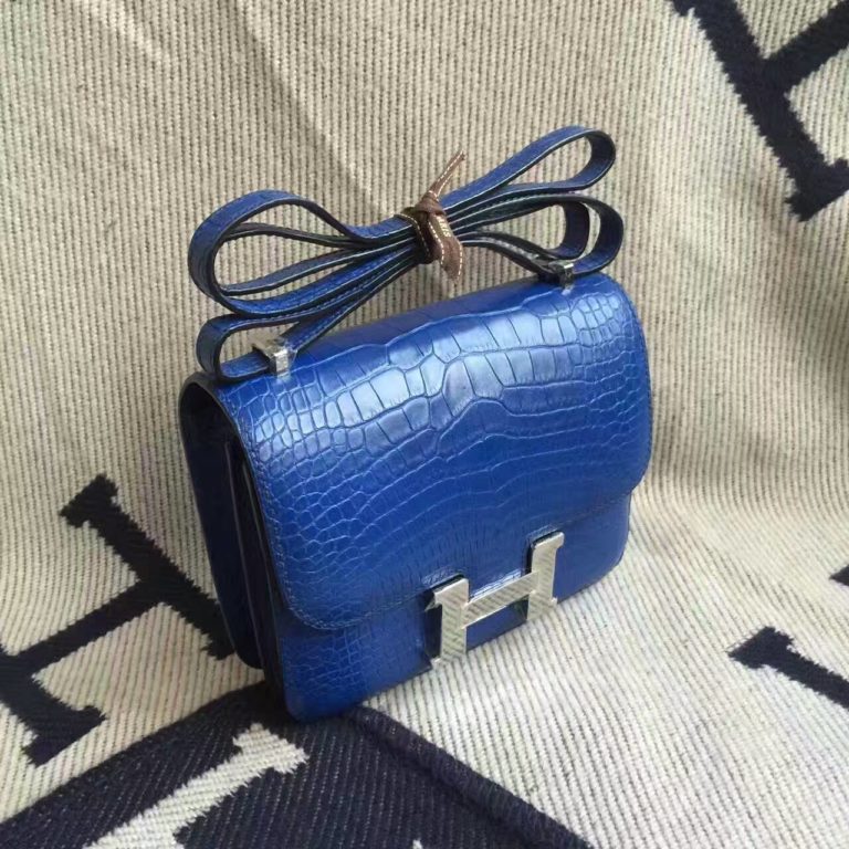 Hermes Crocodile Matt Leather Constance Bag  19cm in 7T Blue Electric