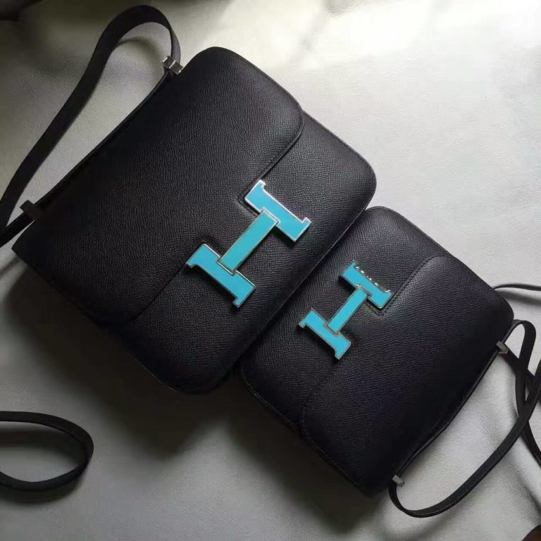 Hermes Constance Bag in CK89 Black/Blue Attol Enamel Buckle Epsom Leather