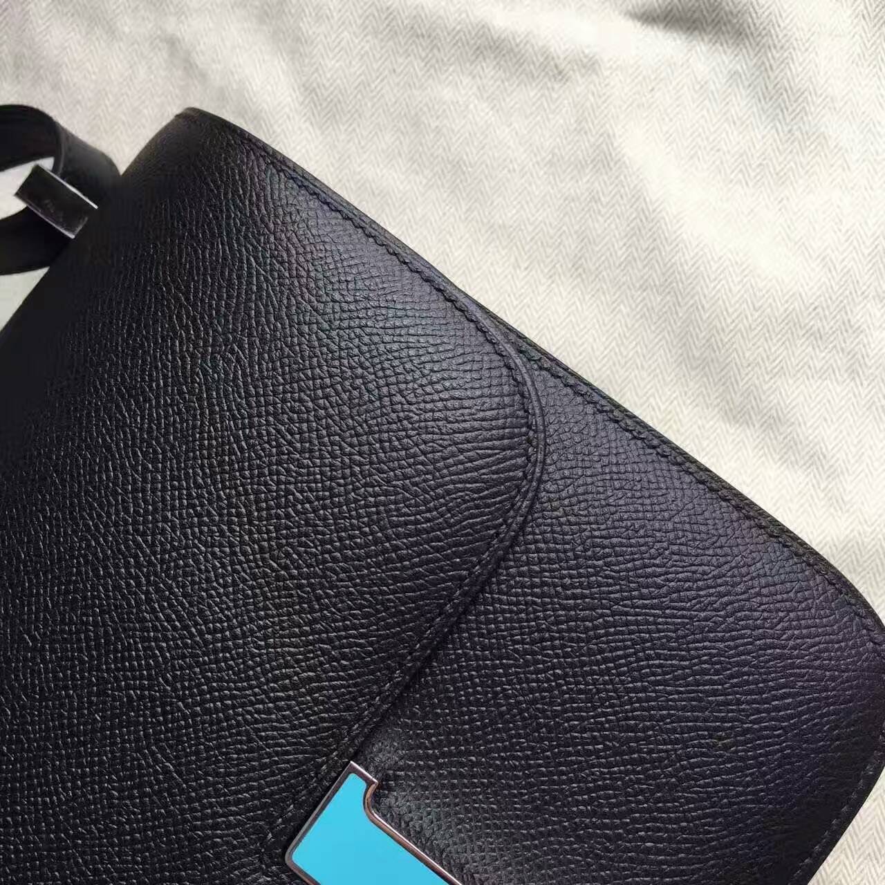 Discount Hermes Constance Bag in CK89 Black/Blue Attol Enamel Buckle Epsom Leather