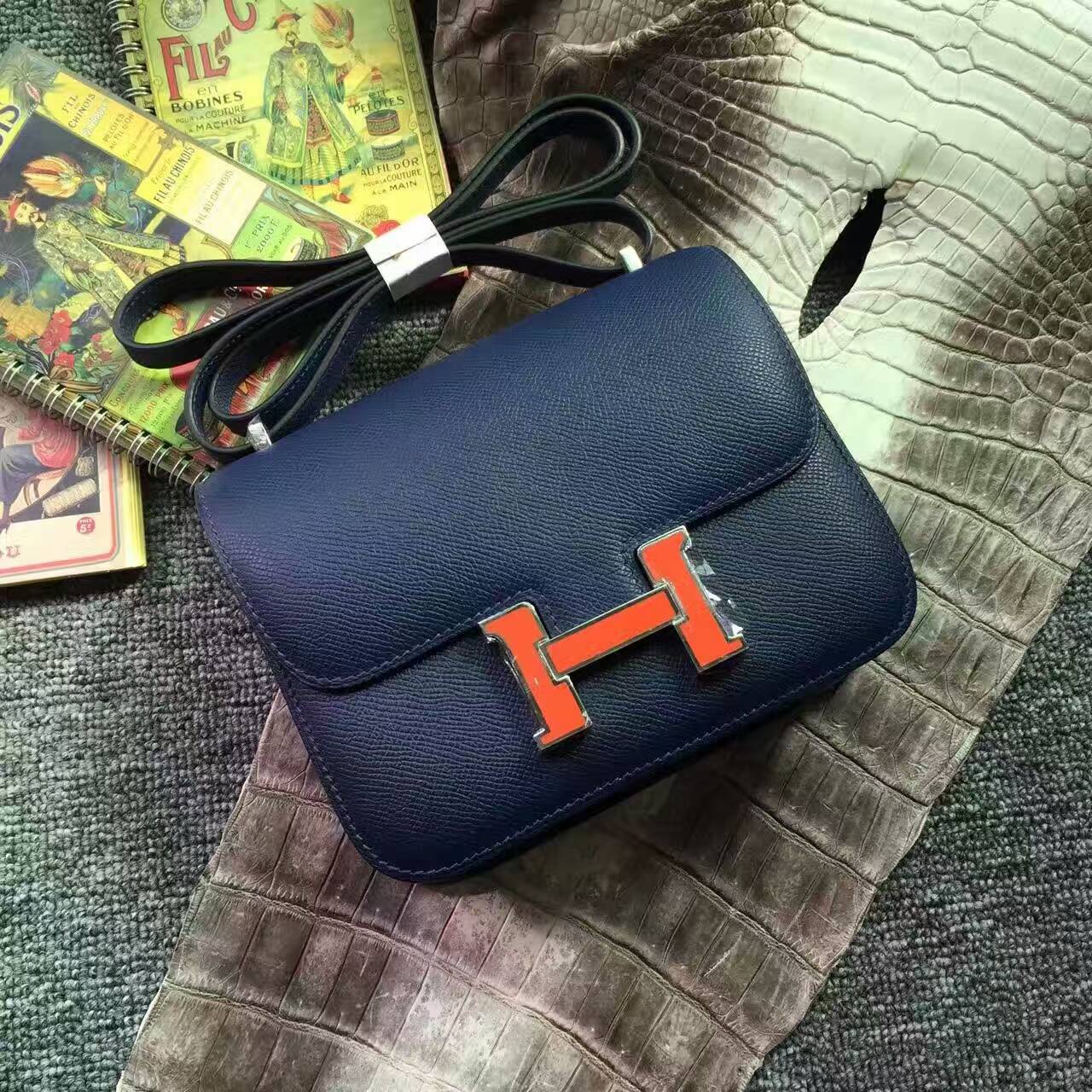 Fashion Hermes 7K Blue Saphir/Orange Buckle Epsom Leather Constance Bag18/24cm