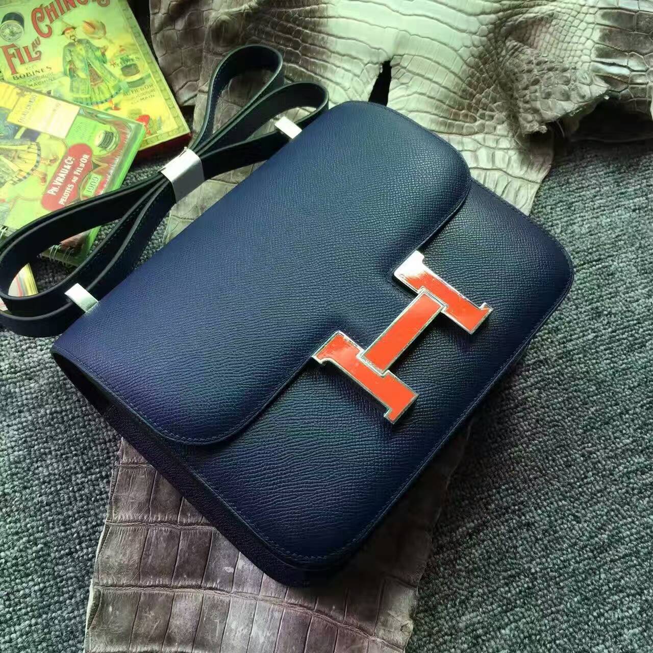 Fashion Hermes 7K Blue Saphir/Orange Buckle Epsom Leather Constance Bag18/24cm