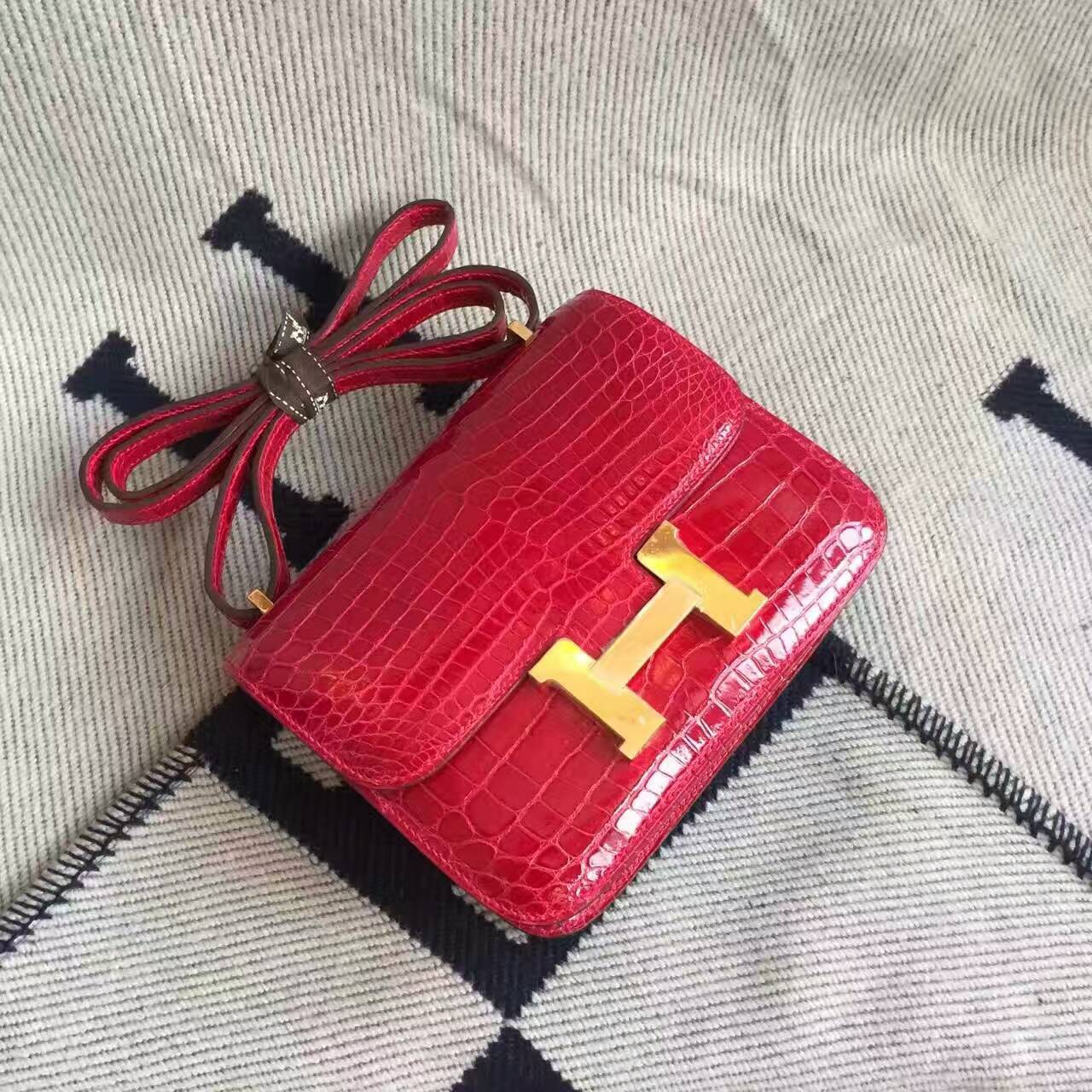 Wholesale Hermes Q5 Rouge Casaque Crocodile Shiny Leather Constance Bag19cm