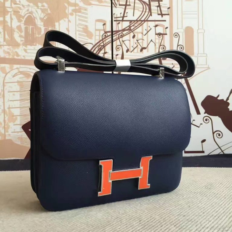 Hermes Constance Bag  19cm Blue Saphir Epsom Leather Orange Enamel Buckle
