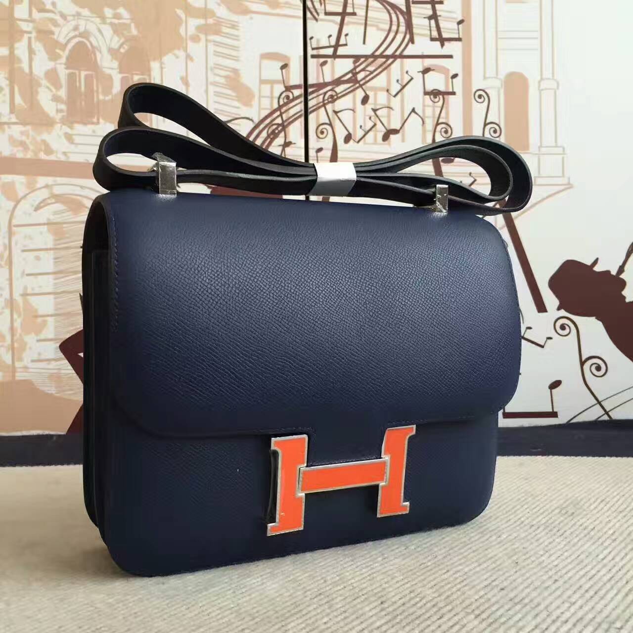 Discount Hermes Constance Bag 19cm Blue Saphir Epsom Leather Orange Enamel Buckle