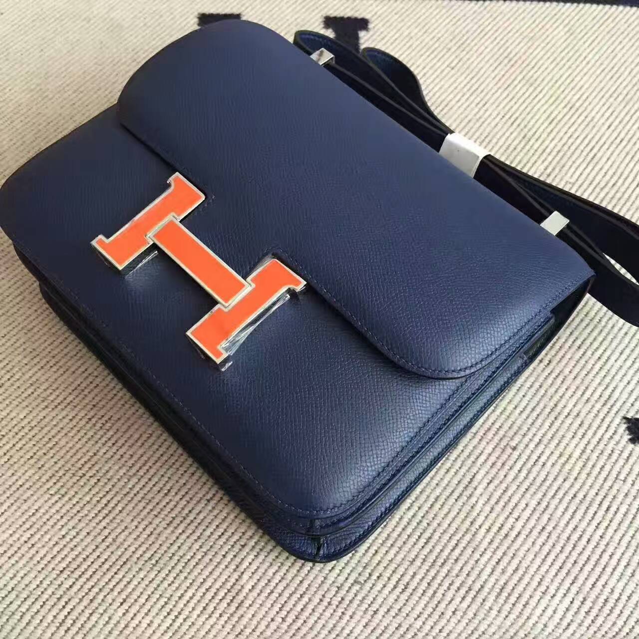 Discount Hermes Constance Bag 19cm Blue Saphir Epsom Leather Orange Enamel Buckle