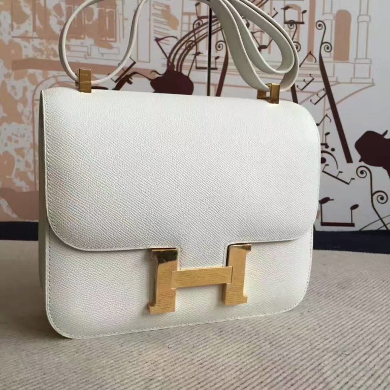 Hermes 01 Pure White Epsom Calfskin Leather Constance Bag  24cm