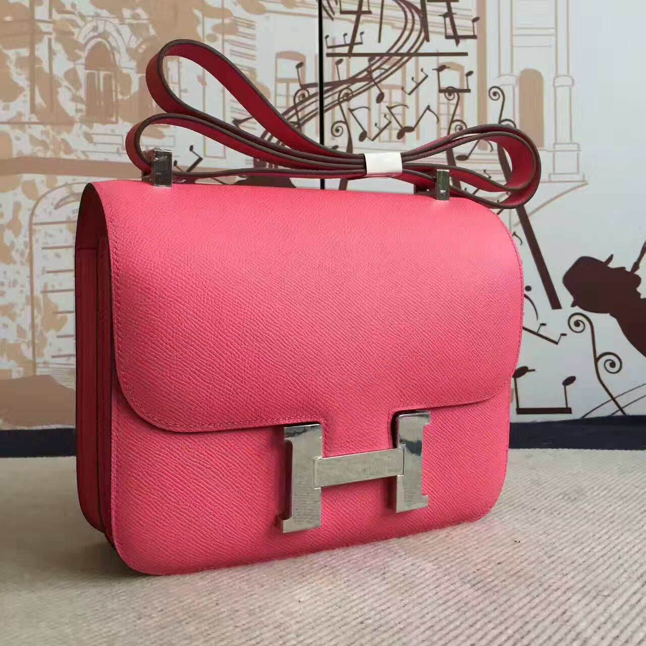 Hand Stitching Hermes Epsom Calfskin Leather Constance 24cm in 8W Rose Lipstick