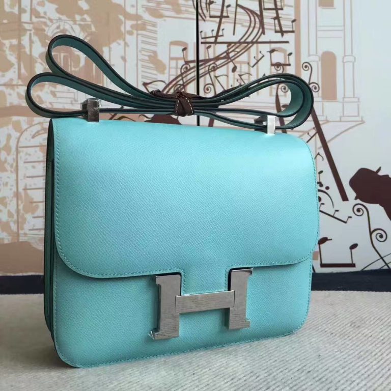 Hand Stitching Hermes 3P Blue Attol Epsom Leather Constance Bag  24cm