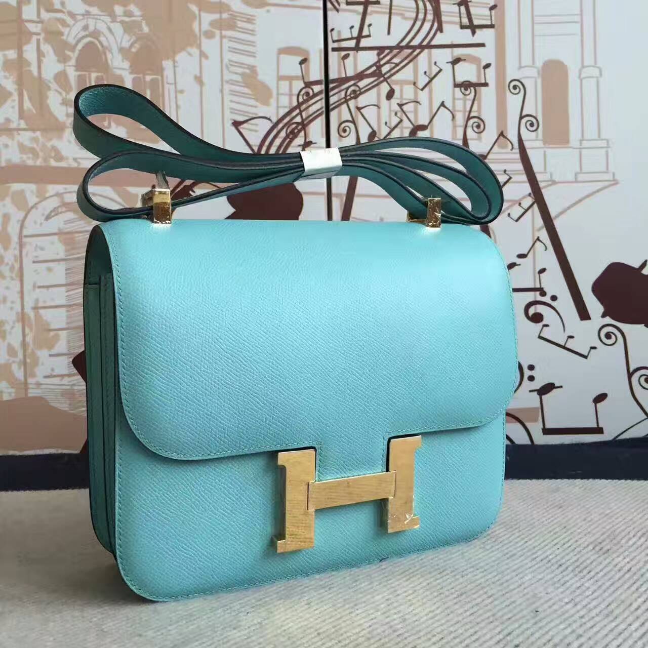 Hand Stitching Hermes 3P Blue Attol Epsom Leather Constance Bag 24cm