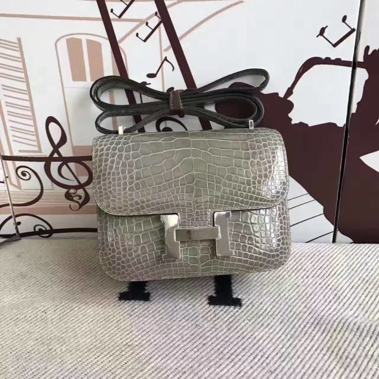 Hermes C81 Gris Tourterelle Alligtor Shiny Leather Constance Bag  19cm