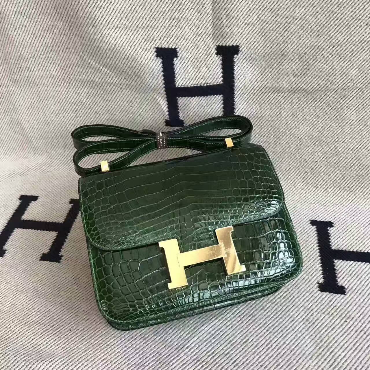 On Sale Hermes CK67 Vert Fonce Crocodile Shiny Leather Constance Bag 24cm