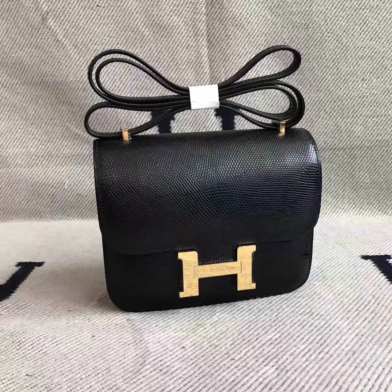 Cheap Hermes Constance Bag 24cm in CK89 Black Lizard Skin Leather