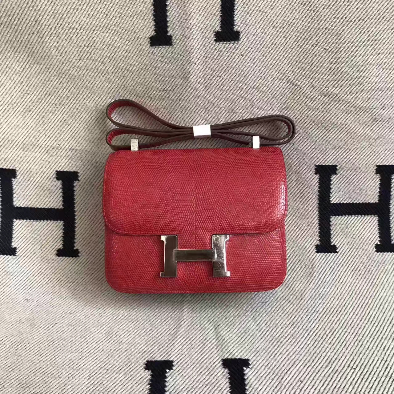 Wholesale Hermes Q5 Rouge Casaque Shiny Lizard Leather Constance Bag 24cm