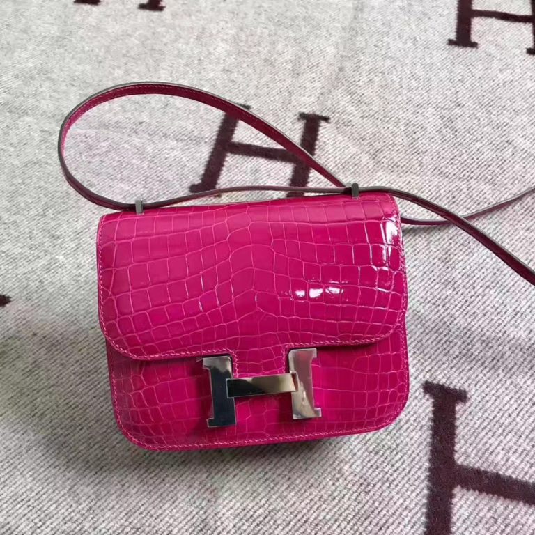 Hermes Pink Crocodile Shiny Leather Constance Bag 19cm