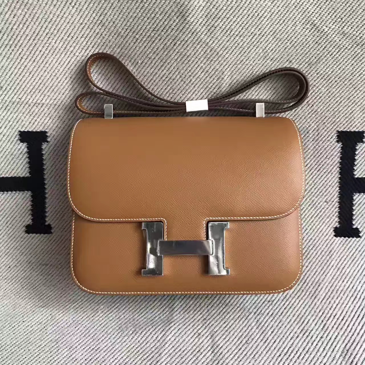 Hand Stitching Hermes CK37 Gold Epsom Leather Constance Shoulder Bag23cm