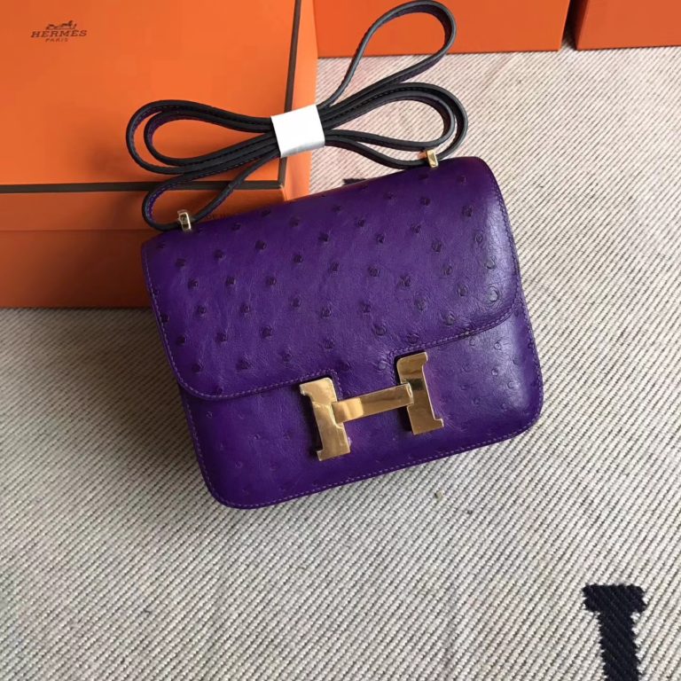 Hermes 5C Violet Ostrich Leather Constance 18cm Shoulder Bag