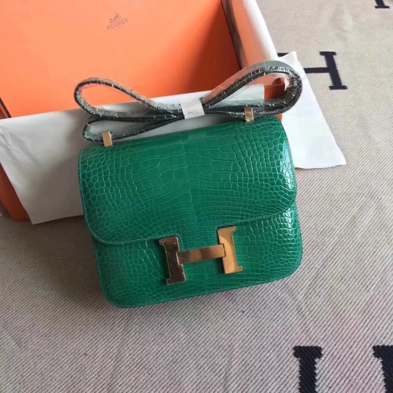 Hermes 6Q Emerald Green Shiny Crocodile Constance 23cm Shoulder Bag