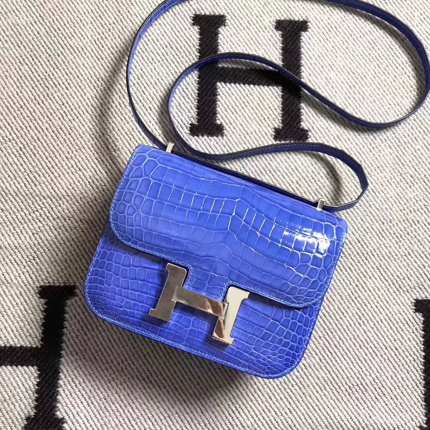 On Sale Hermes Constance Bag Blue Mykonos Shiny Crocodile Leather