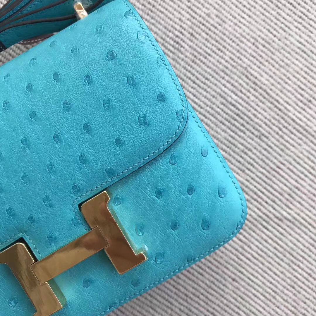 Hand Stitching Hermes 7F Blue Paon Ostrich Leather Constance Bag18cm